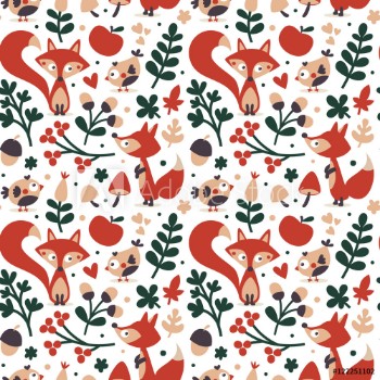 Picture of Seamless cute autumn pattern made with fox bird flower plant leaf berry heart friend floral nature acorn Rowan mushroom